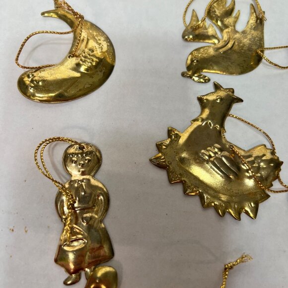 Brass Christmas Ornaments Set Of 12 Folk-Inspired Designs With Gold String Hange - Picture 3 of 6